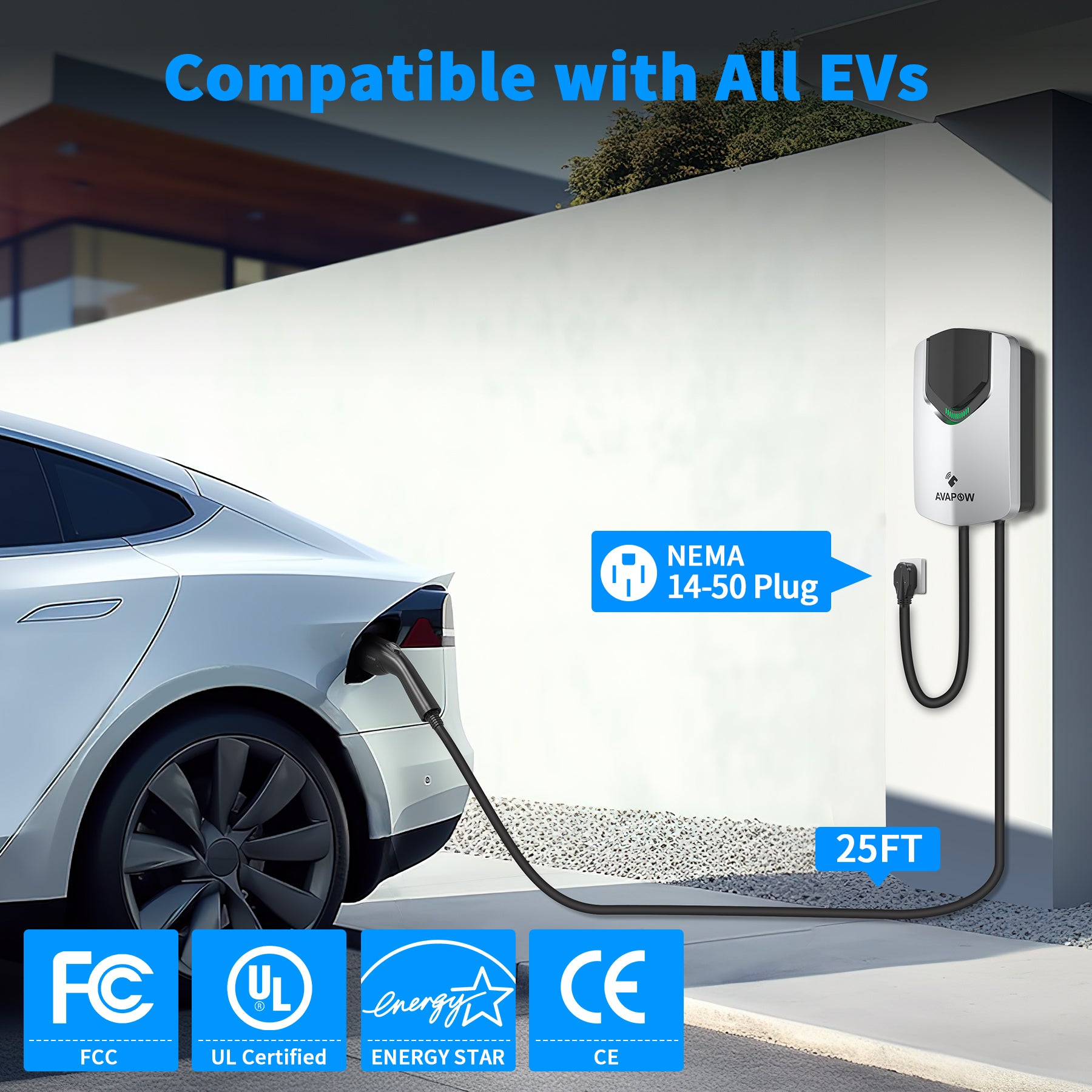 AVAPOW EV Charger (for J1772 EVs) 48A 240V Electric Car Home Charging Stations with Holder, WiFi/Card Swipe Enabled Level 2 EV Charger with 25FT EV Charging Cable and NEMA 14-50 Charger Plug