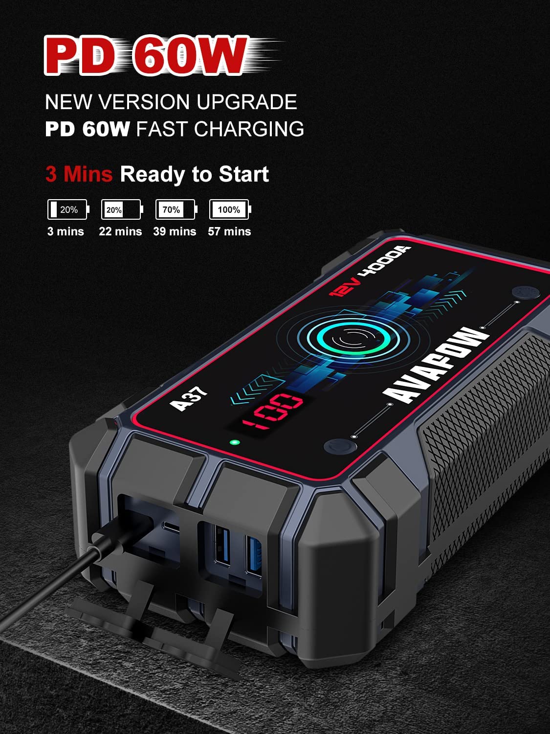 AVAPOW A37 Car Battery Jump Starter  4000A Peak Battery Capacity