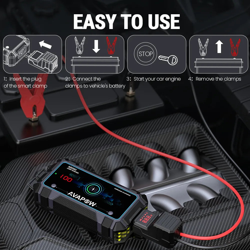 AVAPOW A2000 Car Battery Jump Starter 2000A Peak Current 12000mAh Battery Capacity