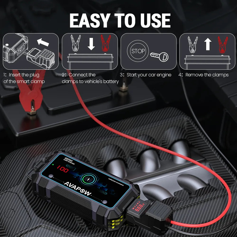 AVAPOW Car Jump Starter 2000A Peak Jump Boxes for Vehicles(12V 8L Gas/6.5L  Diesel Engine) Equipped Fast Wireless Charging Jump Starter Battery Pack 