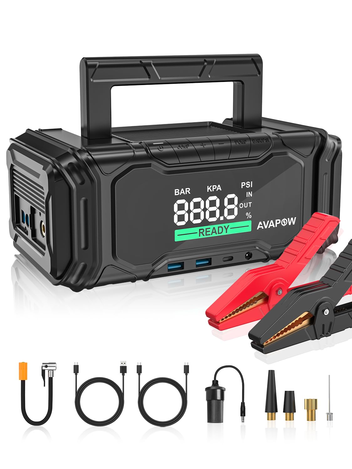 AVAPOW Car Battery Jump Starter 3000A Peak with Air Compressor, 12V 150PSI Portable Jumpstart with Force Start Function, Portable Starters for Up to 8L Gas 8L Diesel Engine, PD 60W Fast Charging