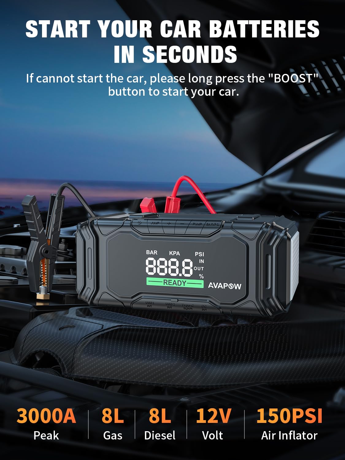 AVAPOW Car Battery Jump Starter 4000A Peak 26800Mah,12V Portable Jumps –  AutoMaximizer