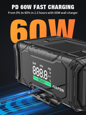 AVAPOW Car Battery Jump Starter 3000A Peak with Air Compressor, 12V 150PSI Portable Jumpstart with Force Start Function, Portable Starters for Up to 8L Gas 8L Diesel Engine, PD 60W Fast Charging