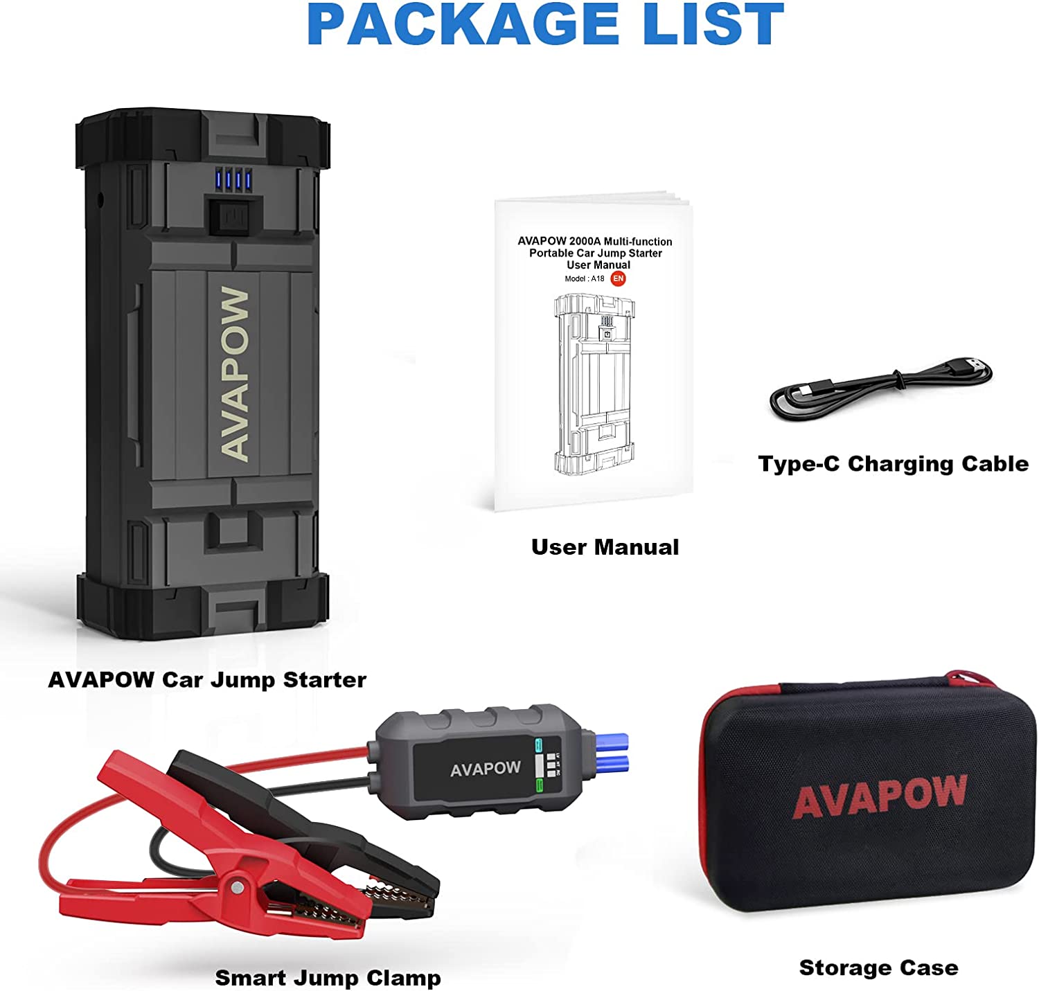 AVAPOW A18 Car Battery Jump Starter 2000A Peak  Battery Capacity
