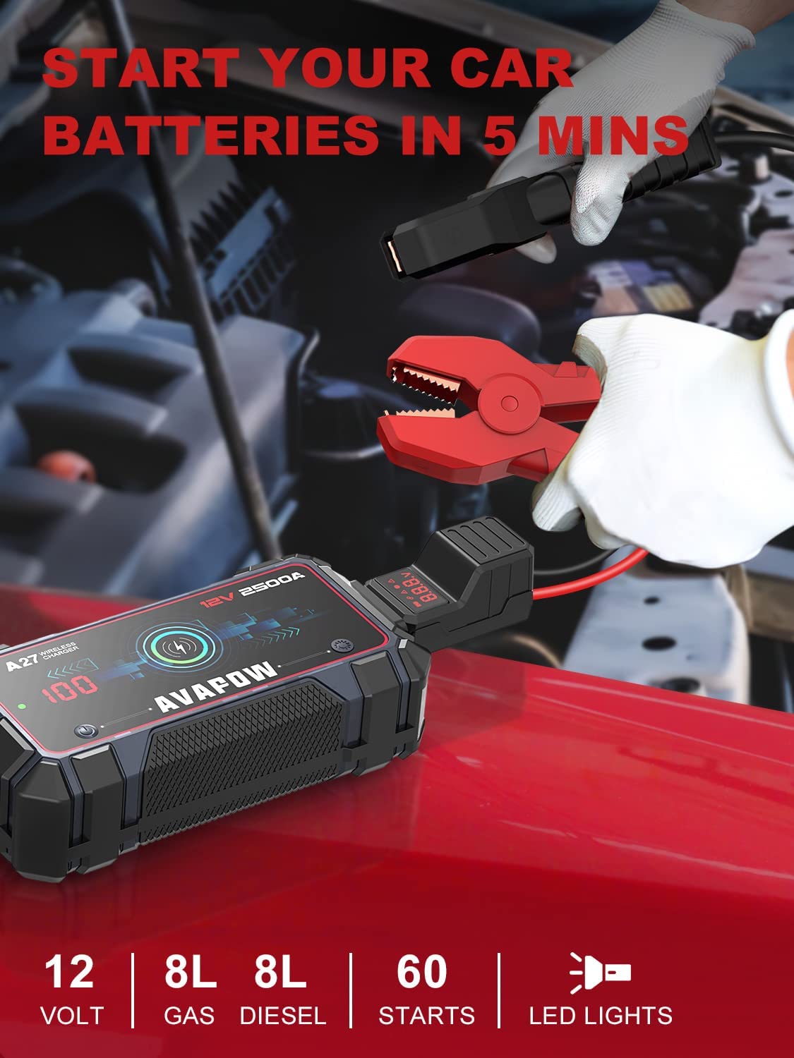 AVAPOW A37 Car Battery Jump Starter 4000A Peak Battery Capacity