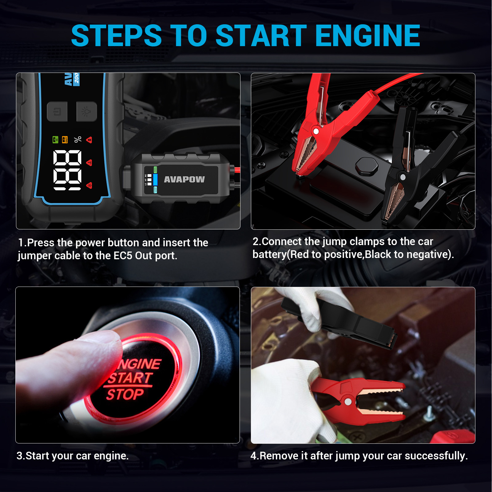 AVAPOW jump starter diagnostic checklist graphic